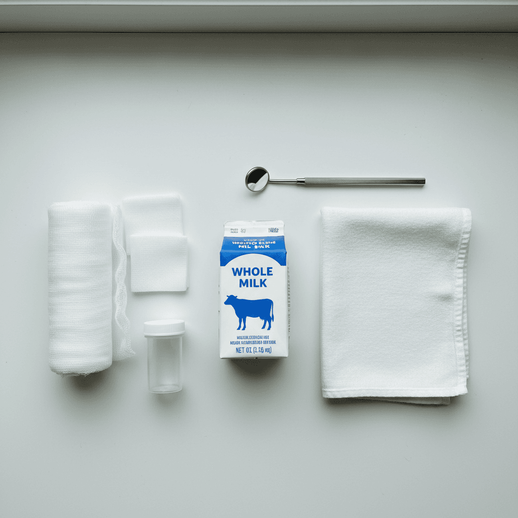 Kit de premiers secours dentaires avec lait, compresses et materiel d'urgence