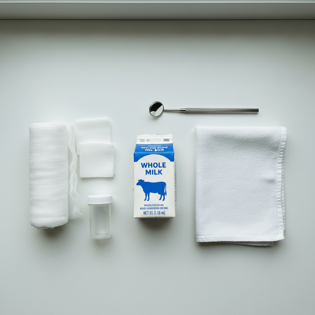 Kit de premiers secours dentaires avec lait, compresses et materiel d'urgence